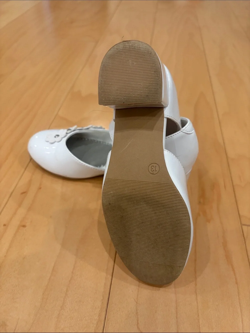 Rachel Shoes White Patent Mary Janes with Floral Appliqués
